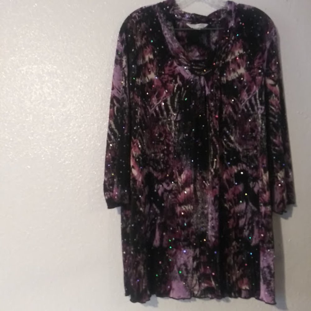 CJ Banks women's 3X black, pink and purple artsy watercolor blouse